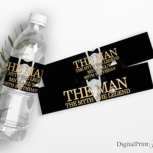 The Man The Myth The Legend Waterflesetiketten, zwarte en gouden flesetiketten, The Tuxedo-verjaardagsetiketten, GEPERSONALISEERD, digitaal bestand, W131