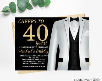 40th Birthday Invitations, Men Birthday Party, Gold and Black Invite, Cheers To 40 Years Invitation, PERSONALIZED, Digital file, M20