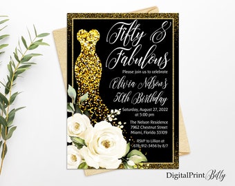 Fifty and Fabulous Invitation, Gold Glitter 50th Woman Birthday Invitation, Any Age Birthday Invite, PERSONALIZED, Digital file, W41
