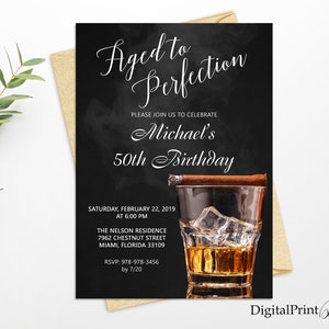 50e verjaardag uitnodigingen, mannen verjaardagsfeest, whisky en sigaar uitnodiging, aged to perfection uitnodiging, gepersonaliseerd, digitaal bestand, M257