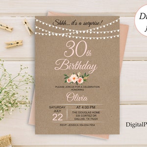 Faire-part d'anniversaire rustique, faire-part fleur, 30e anniversaire, femme de tout âge, personnalisé, fichier numérique, W9