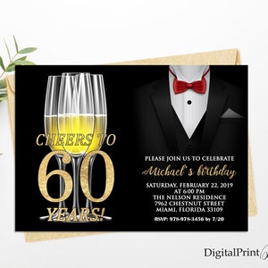 60th Men Birthday Invitations, Tuxedo and Champagne Birthday Invitation, Cheers To 60 Years Invitation, PERSONALIZED, Digital file, M174