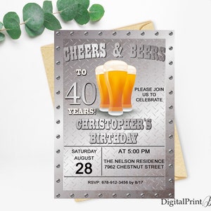 40th Birthday Beer Themed Invitations, Men Birthday Party, Beer Party, Beer Birthday, Cheers & Beers, PERSONALIZED, Digital file, M73