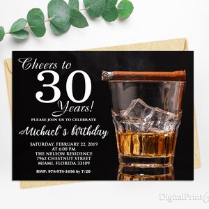 30th Birthday Invitations, Men Birthday Party, Whiskey and Cigar Invite, Cheers To 30 Years Invitation, PERSONALIZED, Digital file, M103