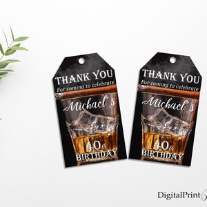 Birthday Thank You Tags, Whiskey and Cigar Favor Tag, Cheers Favor Tag, Adult Birthday Favor Tag PERSONALIZED, Digital file, M103