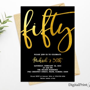 50th Birthday Invitations, Men Birthday Party, Black and Gold Invite, Cheers To 50 Years Invitation, PERSONALIZED, Digital file, M206