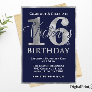 16. Geburtstag Einladung, Silber und Marineblaue Geburtstag Einladung, Jungen Geburtstag Einladung, Silber Einladung, PERSONALISIERBAR, Digitale Datei, #15