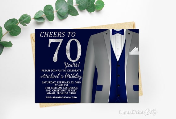 70th Birthday Invitations Men Birthday Party Silver and Blue | Etsy