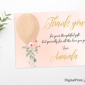 Cartão de agradecimento floral para chá de bebê, balão e flor, cartão de agradecimento para chá de bebê floral, PERSONALIZADO, arquivo digital, BS7