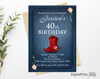 40th Birthday Invitations, Cowgirl Boot Birthday Party, Denim and Cowgirl Boot Invite, Cheers To 40 Years, PERSONALIZED, Digital file, M245