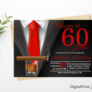 60th Birthday Invitations, Men Birthday Party, Whiskey and Cigar Invite, Cheers To 60 Years Invitation, PERSONALIZED, Digital file, M45