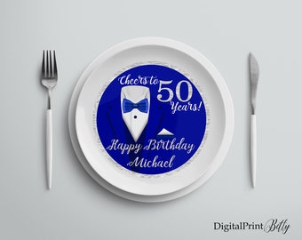 Charger Plate Insert, The Tuxedo Birthday Charger Plate Insert, Silver and Royal Blue, Cheers To 50 Years, PERSONALIZED, Digital file, M260