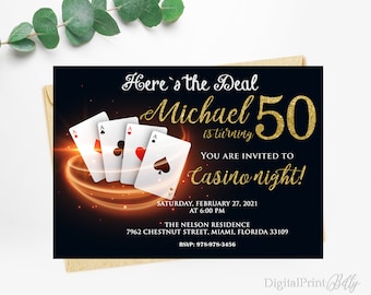 50th Birthday Invitations, Casino Birthday Party, Casino Birthday Invite, Cheers To 50 Years Invitation, PERSONALIZED, Digital file, M100