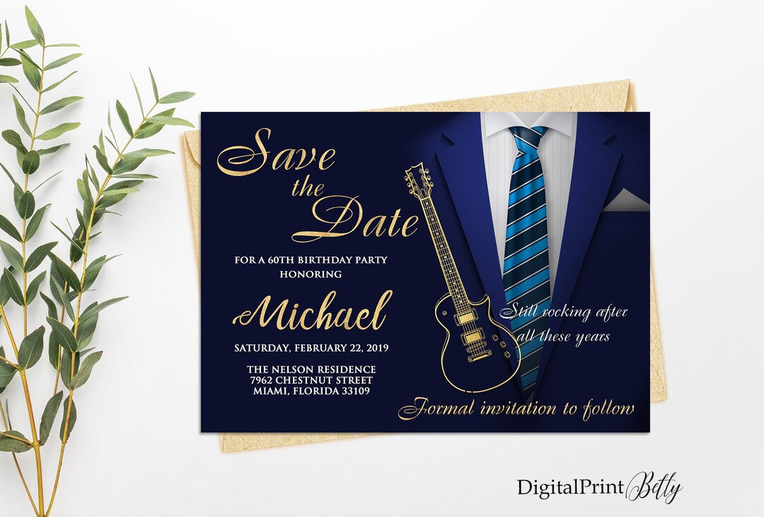 Save the Date, 60th Birthday Invitations, Men Birthday Party, Blue Suit