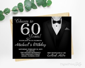 60th Birthday Invitations, Tuxedo Birthday Invitation, Men Birthday Party,  Cheers To 60 Years Invitation, PERSONALIZED, Digital file, M137