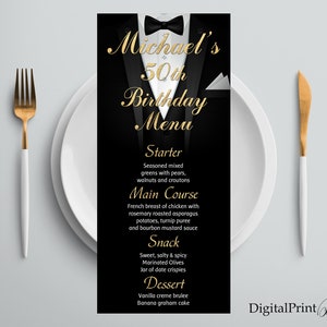 Men Birthday Menu, Tuxedo Birthday Menu, Tuxedo Birthday Invitation, Men Birthday Party, PERSONALIZED, Digital file, W186