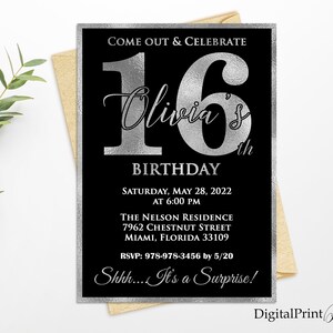 16th Birthday Invitation, Silver and Black Birthday invite, Girls Birthday Invitation, Silver Glitter Invite, PERSONALIZED Digital file, #11