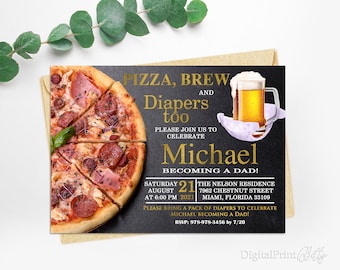 Pizza and Beer Baby Shower, Diaper Party, Invitation for a Man Shower, Beer and Diaper Party Invite, PERSONALIZED, Digital file, MS35
