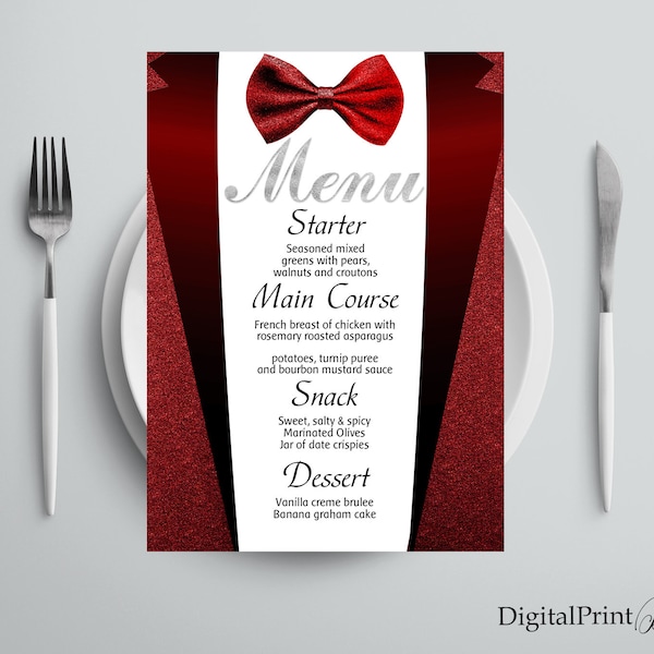 Men Birthday Menu, Tuxedo Birthday Menu, Tuxedo Birthday Invitation, Men Birthday Party, PERSONALIZED, Digital file, M259