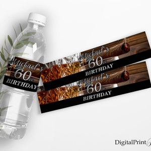 Birthday Water Bottle Labels, Whiskey and Cigar Water Bottle Labels, Black and silver, PERSONALIZED, Digital file, W171