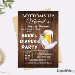Bottoms Up Beer and Diaper Party Invitation for a Man Shower, Beer and Diaper Party Invite, PERSONALIZED, Digital file, MS3