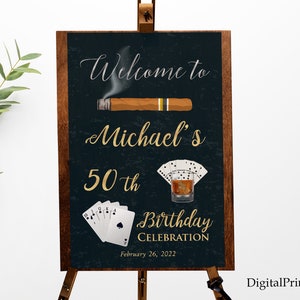 Whiskey and Cigar Welcome Sign, Birthday Sign, Whiskey Cigar Domino and Playing Cards Welcome Sign, PERSONALIZED, Digital file#212