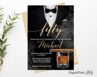 May include: A black and gold birthday invitation with a tuxedo, cigar, and glass of whiskey. The invitation reads "fifty" and "Please join us to celebrate the 50th birthday of Michael".