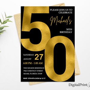 50th Birthday Invitations, Men Birthday Party, Black and Gold Invite, Cheers To 50 Years Invitation, PERSONALIZED, Digital file, M239