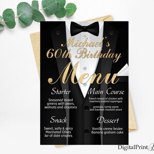 Men Birthday Menu, Tuxedo Birthday Menu, Tuxedo Birthday Invitation, Men Birthday Party, PERSONALIZED, Digital file, W21