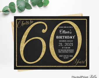 60th Birthday Invitations, Men Birthday Party, Chalkboard Invite, Cheers To 60 Years Invitation, PERSONALIZED, Digital file, M98