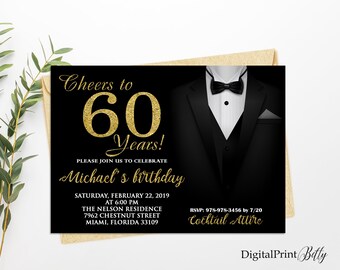60th Birthday Invitations, Tuxedo Birthday Invitation, Men Birthday Party,  Cheers To 60 Years Invitation, PERSONALIZED, Digital file, M193