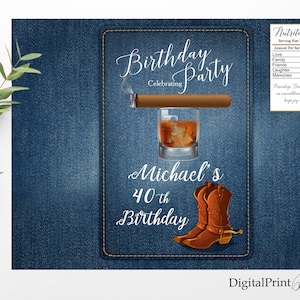 Birthday Chip Bags, Men Birthday Party, Denim, Cigar and Whisky Invite, Chip Bags, Denim Chip Bags, PERSONALIZED, Digital file, M244