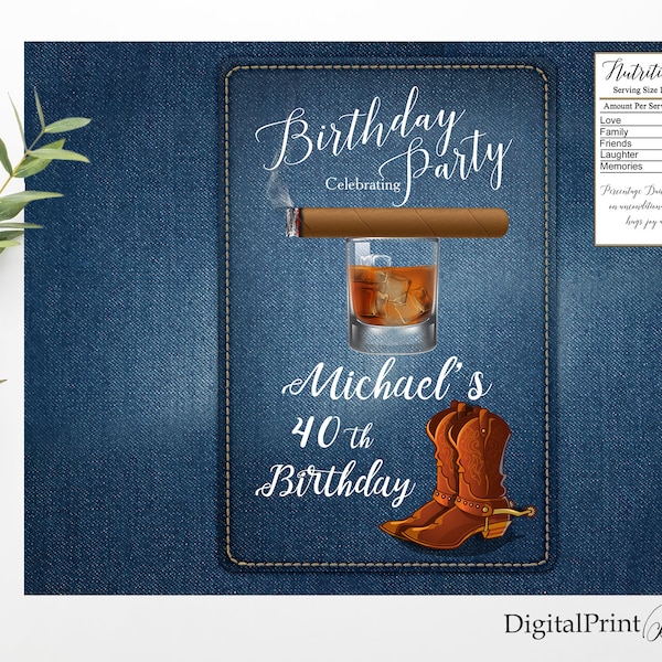 Geburtstags-Chip-Tüten, Männer-Geburtstags-Party, Denim, Zigarre und Whisky einladen, Chip-Tüten, Denim-Chip-Tüten, PERSONALISIERT, digitale Datei, M244