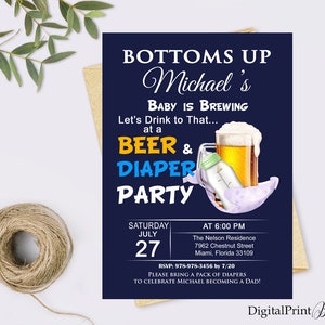 Bottoms Up Beer and Diaper Party Invitation for a Man Shower, Beer and Diaper Party Invite, PERSONALIZED, Digital file, MS2