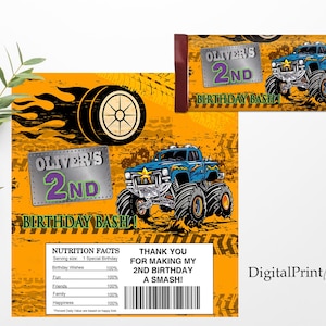 Candy Wrappers, Candy Bar Label Trucks Birthday Party, Candy Wrappers Monster Truck, Chocolate Wrappers, PERSONALIZED, Digital file, #8