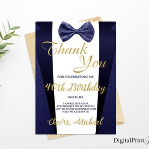 Cartão de agradecimento, cartão de agradecimento de smoking azul, convite para festa de aniversário de 40 anos adulto, brindes aos 40 anos, PERSONALIZADO, arquivo digital, M247