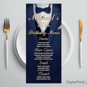 Men Birthday Menu, Tuxedo Birthday Menu, Tuxedo Birthday Invitation, Men Birthday Party, PERSONALIZED, Digital file, W248