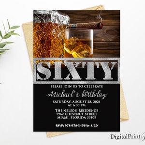 60th Birthday Invitations, Men Birthday Party, Whiskey and Cigar Invite, Cheers To 60 Years Invitation, PERSONALIZED, Digital file, M171