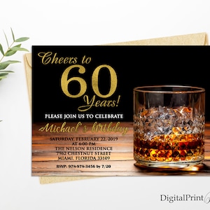 60th Birthday Invitations, Men Birthday Party, Whiskey Birthday Invite, Cheers To 60 Years Invitation, PERSONALIZED, Digital file, M192
