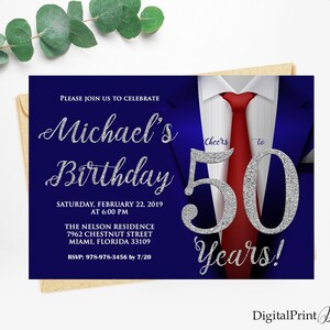 50th Birthday Invitations, Men Birthday Party, Silver and Navy Blue Invite, Cheers To 50 Years Invitation, PERSONALIZED, Digital file, M41