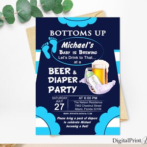 Bottoms Up Beer and Diaper Party Invitation for a Man Shower, Beer and Diaper Party Invite, PERSONALIZED, Digital file, MS10