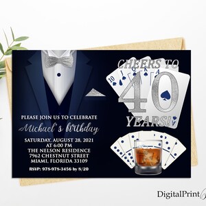 Convite de aniversário de 40 anos, convite Whisky Domino e Royal Flush, convite para cartas de baralho, convite para pôquer, PERSONALIZADO, arquivo digital M156