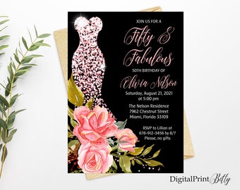 Fifty and Fabulous Invitation, Pink Glitter 50th Woman Birthday Invitation, Any Age Birthday Invite, PERSONALIZED, Digital file, W240