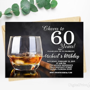 60th Birthday Invitations, Men Birthday Party, Whiskey and Cigar Invite, Cheers To 60 Years Invitation, PERSONALIZED, Digital file, M118