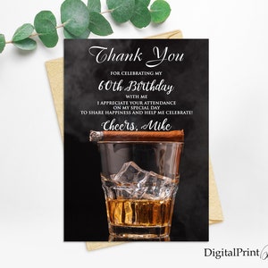 Dankeskarte, Whisky und Zigarren Dankeskarte, Einladung erwachsener 60. Geburtstag, Cheers To 60 Years, PERSONALISIERBAR, Digitale Datei, M103
