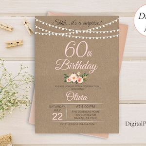 Invito di compleanno rustico, invito floreale, invito per il 60° compleanno, invito di compleanno di donna di qualsiasi età, PERSONALIZZATO, file digitale, W9