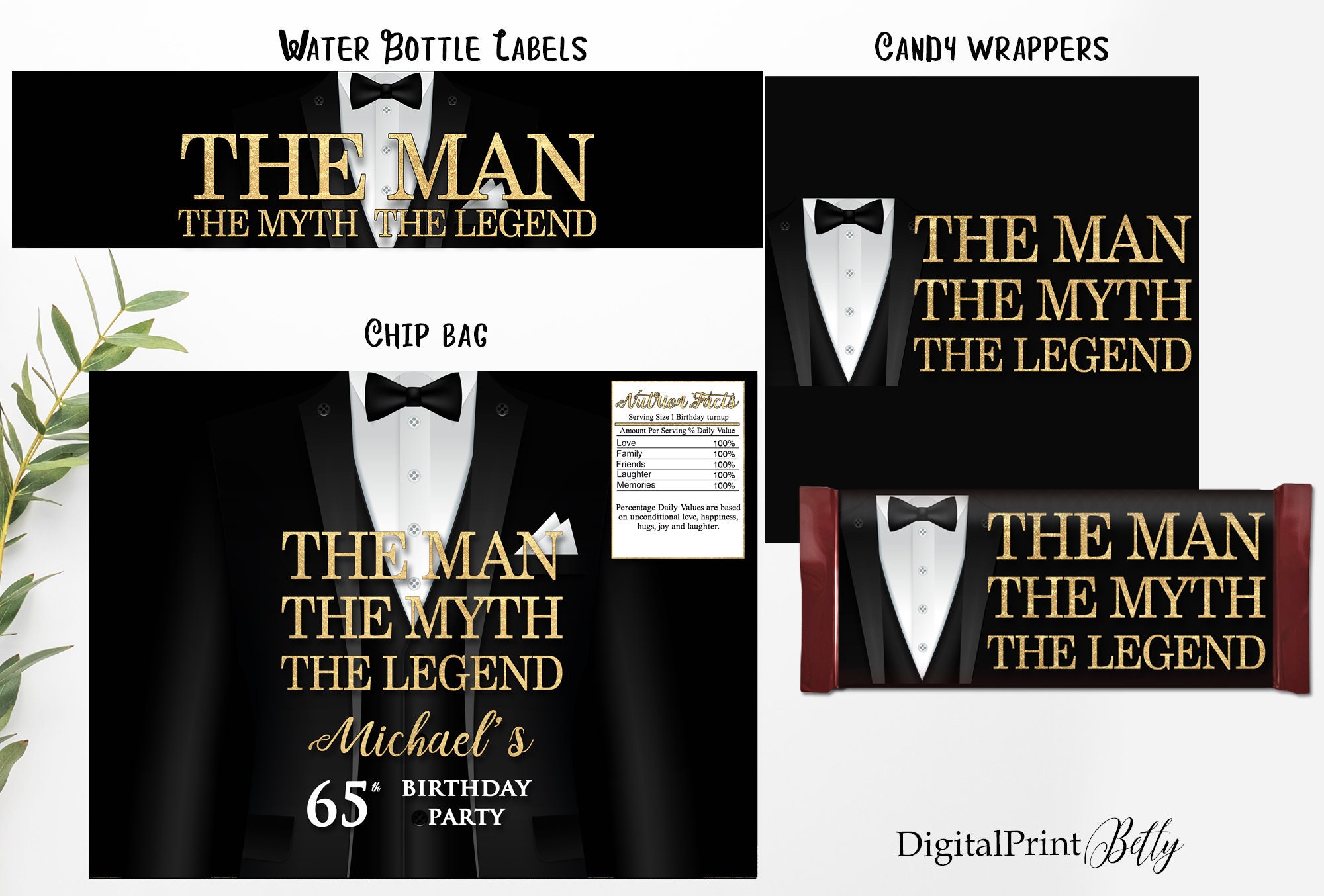 Birthday Water Bottle Labels Candy Wrappers the Tuxedo - Etsy