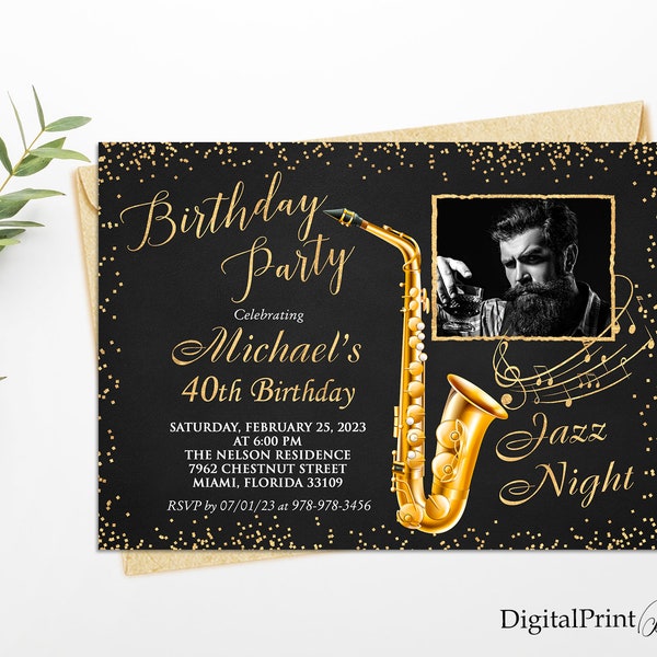 40th Birthday Invitations, Men Birthday Party, Jazz Night Invite, Saxophone Birthday Invitation, PERSONALIZED, Digital file, M258