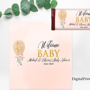 Puede incluir: Un cartel de bienvenida para una baby shower rosa y dorado con un globo dorado y detalles florales. El texto dice "Bienvenido Bebé Michael & Olivia's Baby Shower Mayo 2025".