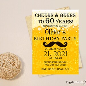 Cheers & Beers To 60th Years, 60th Birthday Beer Themed Invitations, Men Birthday Party, Beer Party, PERSONALIZED, Digital file, M71